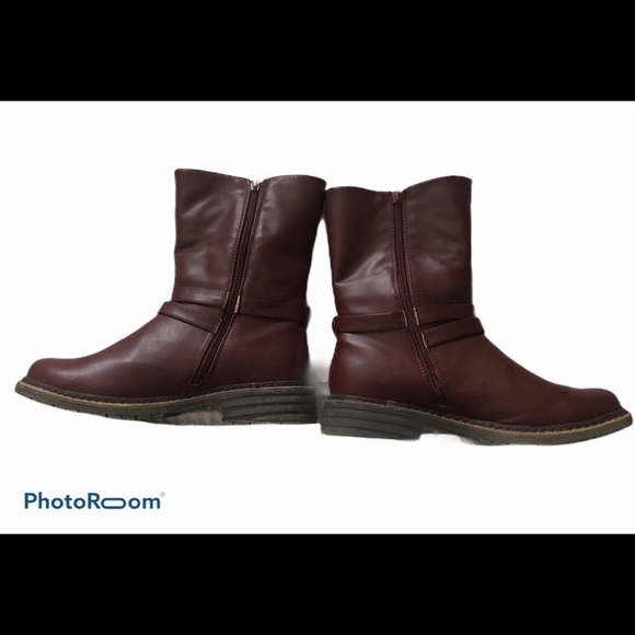 Steve Madden Maximus Burgundy Double Buckle Leather Boot Charcoal Sherpa Lined - Picture 7 of 8